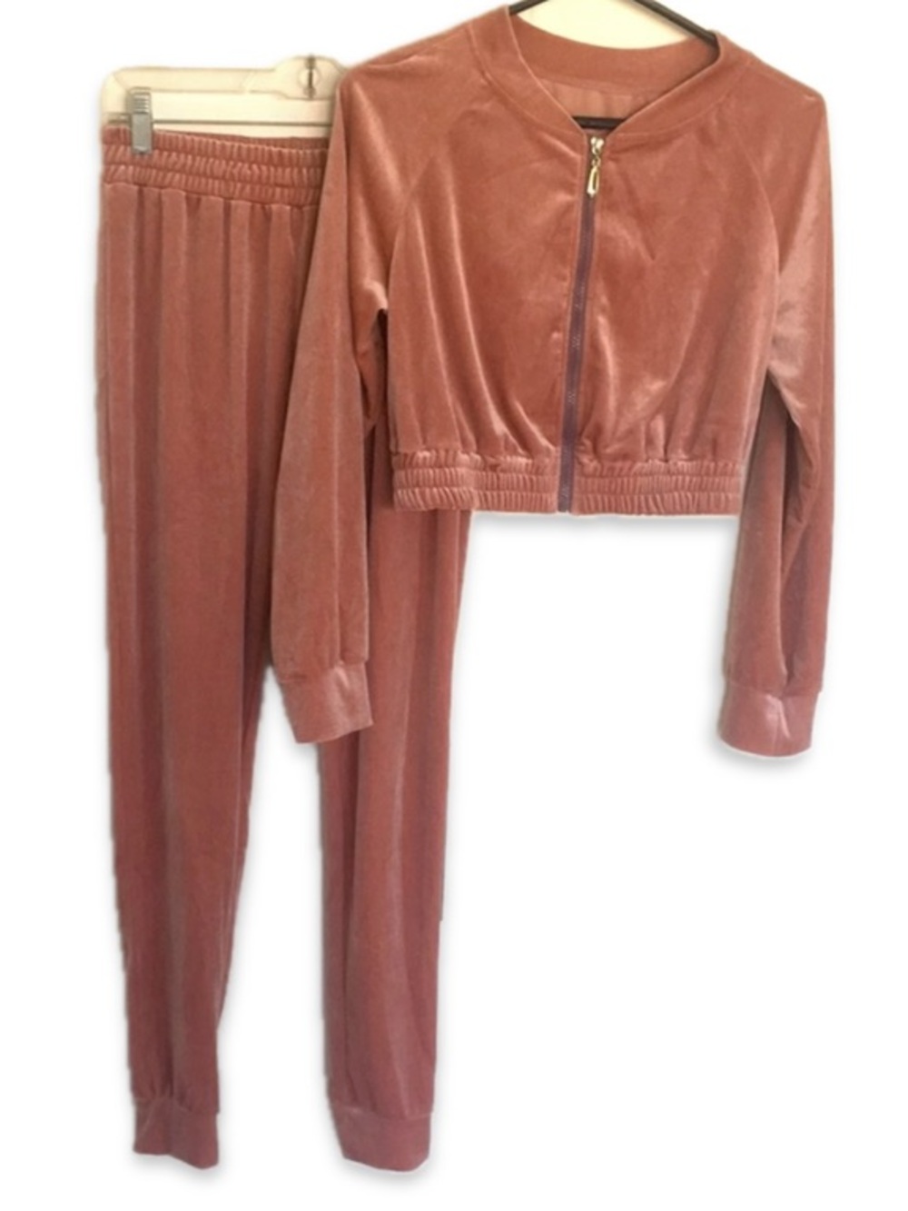 SHEIN Pink Velvet Velour Tracksuit Set Zip Up Hoodie Sweatpants Size M Like New